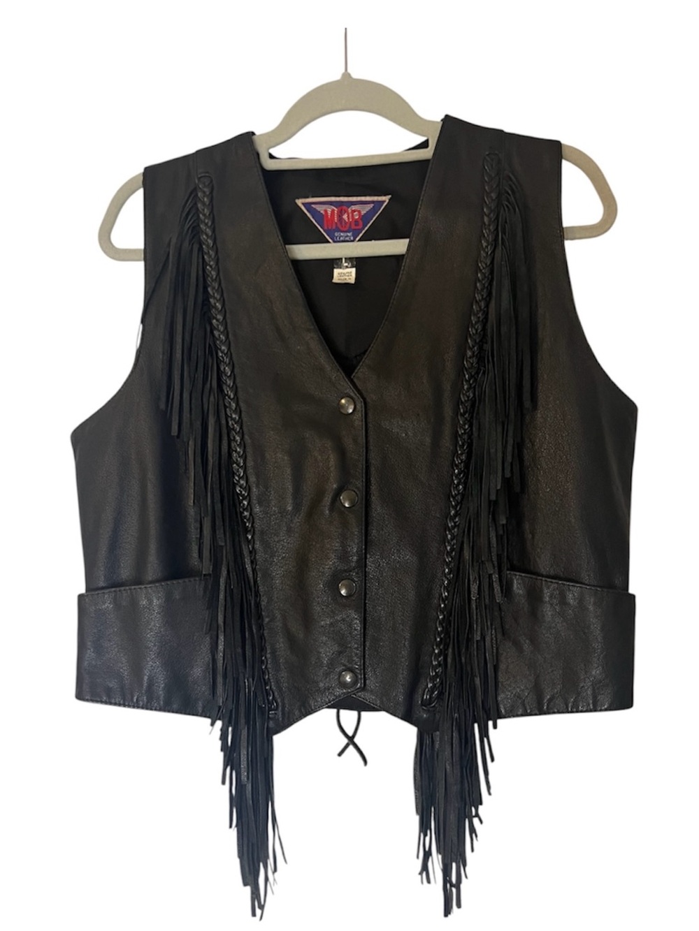 Vintage MOB Genuine Leather Fringe Motorcycle Vest Harley-Davidson Patch Large